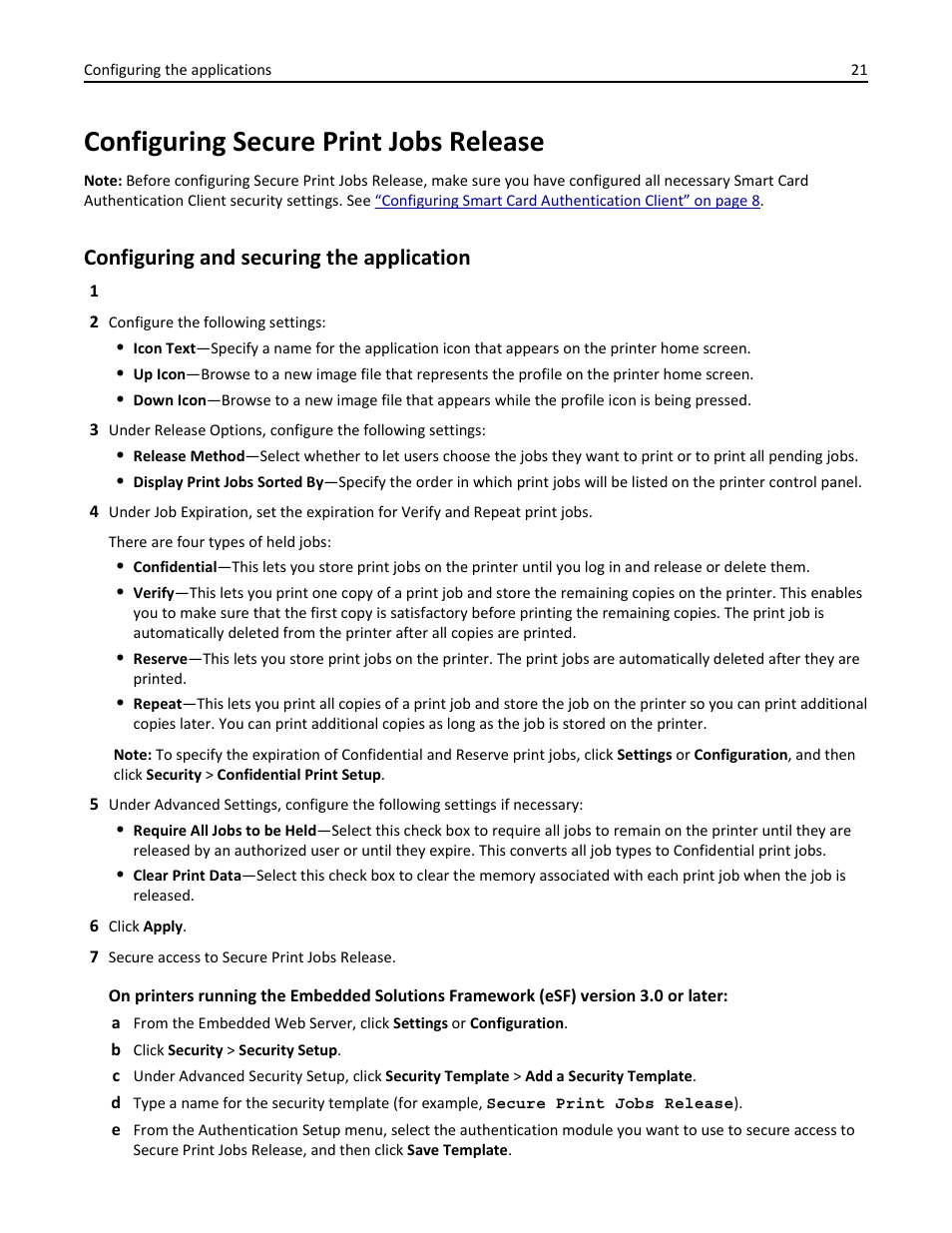 Configuring secure print jobs release, Configuring and securing the application | Dell B3460dn Mono Laser Printer User Manual | Page 21 / 52