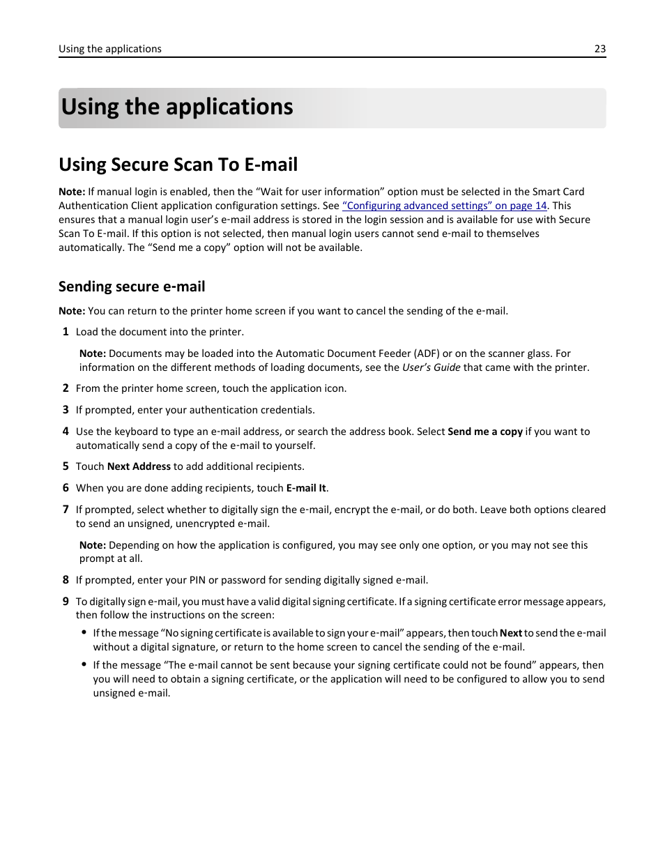 Using the applications, Using secure scan to e-mail, Sending secure e-mail | Sending secure e, Mail, Sending secure e ‑ mail | Dell B3460dn Mono Laser Printer User Manual | Page 23 / 52