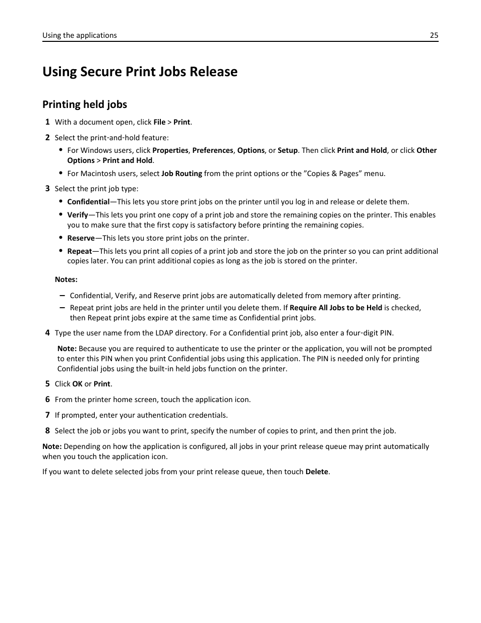 Using secure print jobs release, Printing held jobs | Dell B3460dn Mono Laser Printer User Manual | Page 25 / 52