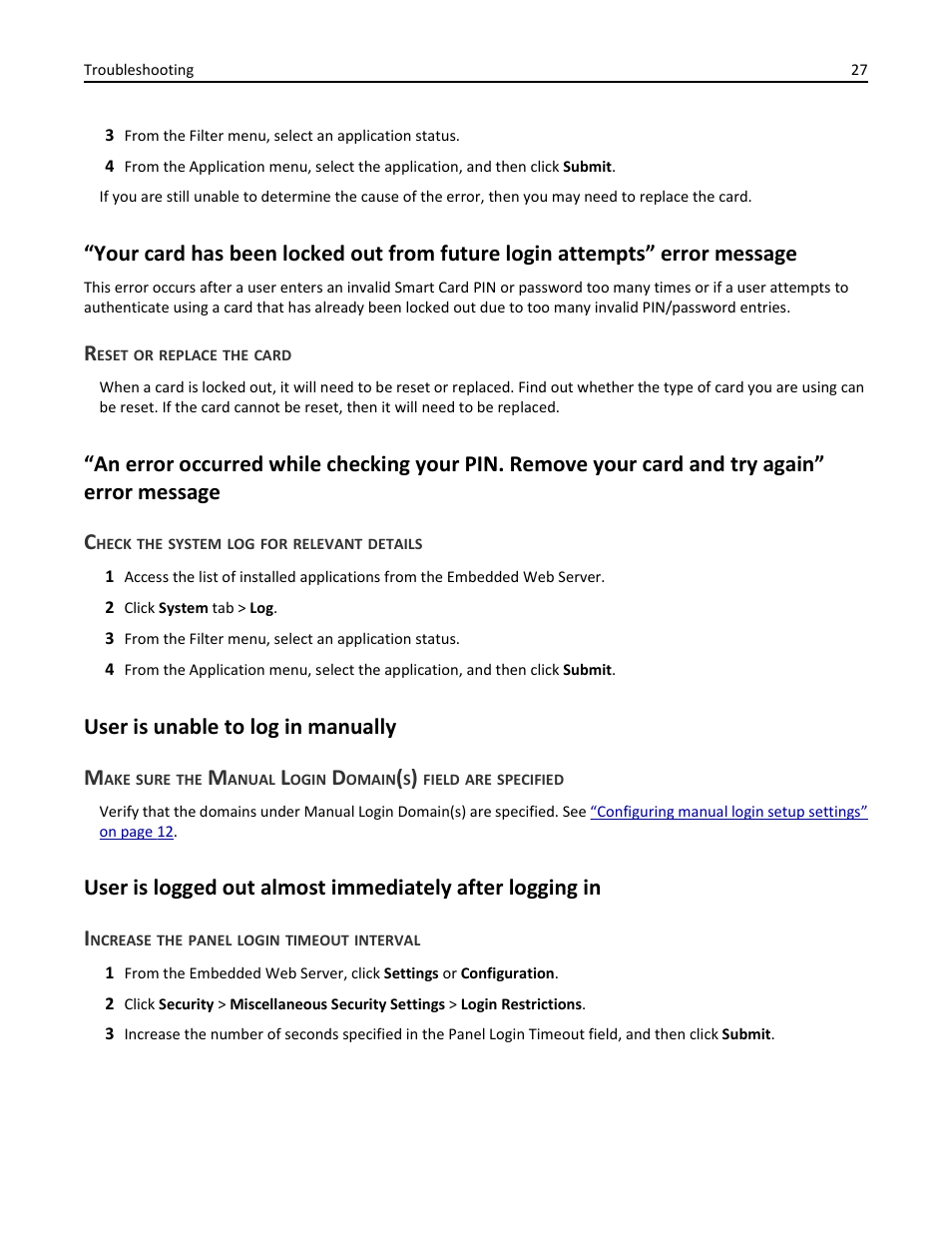 Reset or replace the card, Check the system log for relevant details, User is unable to log in manually | Increase the panel login timeout interval, User is unable to log in manually m | Dell B3460dn Mono Laser Printer User Manual | Page 27 / 52