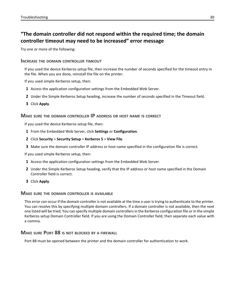 Increase the domain controller timeout, Make sure the domain controller is available, Make sure port 88 is not blocked by a firewall | Dell B3460dn Mono Laser Printer User Manual | Page 30 / 52