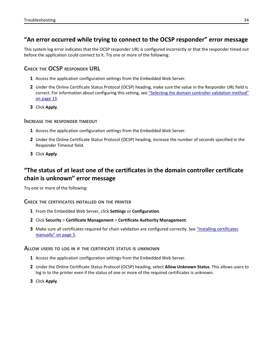 Check the ocsp responder url, Increase the responder timeout, Check the certificates installed on the printer | Ocsp | Dell B3460dn Mono Laser Printer User Manual | Page 34 / 52