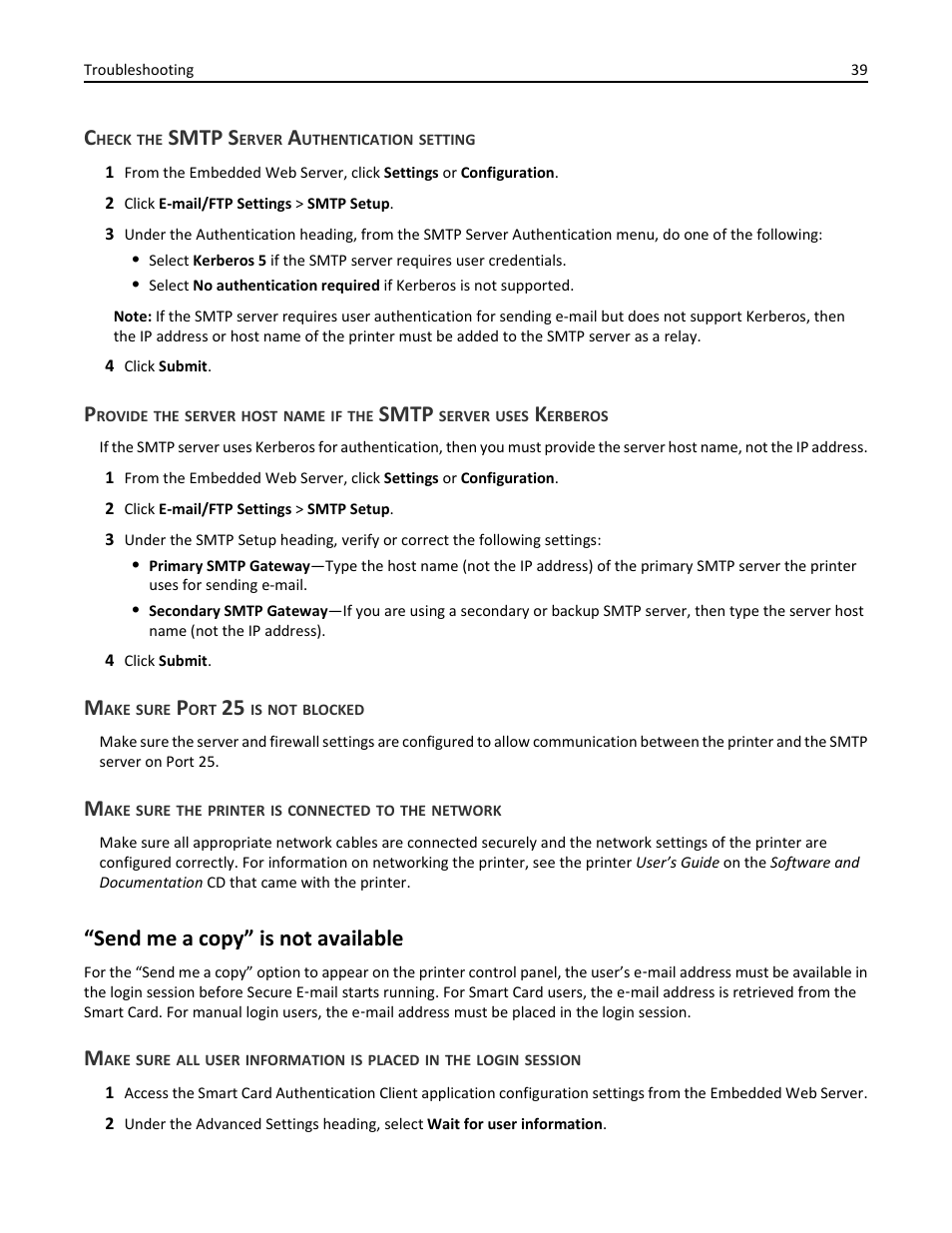 Check the smtp server authentication setting, Make sure port 25 is not blocked, Make sure the printer is connected to the network | Send me a copy” is not available, Smtp s, Smtp | Dell B3460dn Mono Laser Printer User Manual | Page 39 / 52