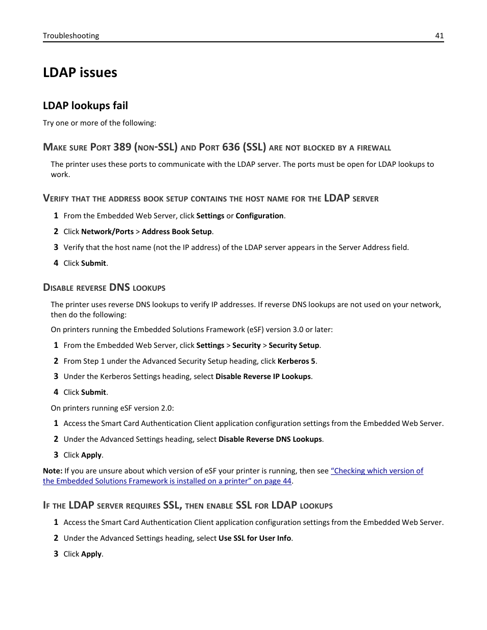 Ldap issues, Ldap lookups fail, Disable reverse dns lookups | Ssl), 636 (ssl), Ldap | Dell B3460dn Mono Laser Printer User Manual | Page 41 / 52