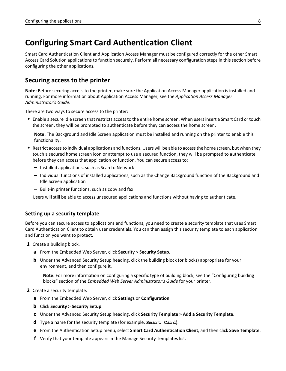 Configuring smart card authentication client, Securing access to the printer, Setting up a security template | Dell B3460dn Mono Laser Printer User Manual | Page 8 / 52