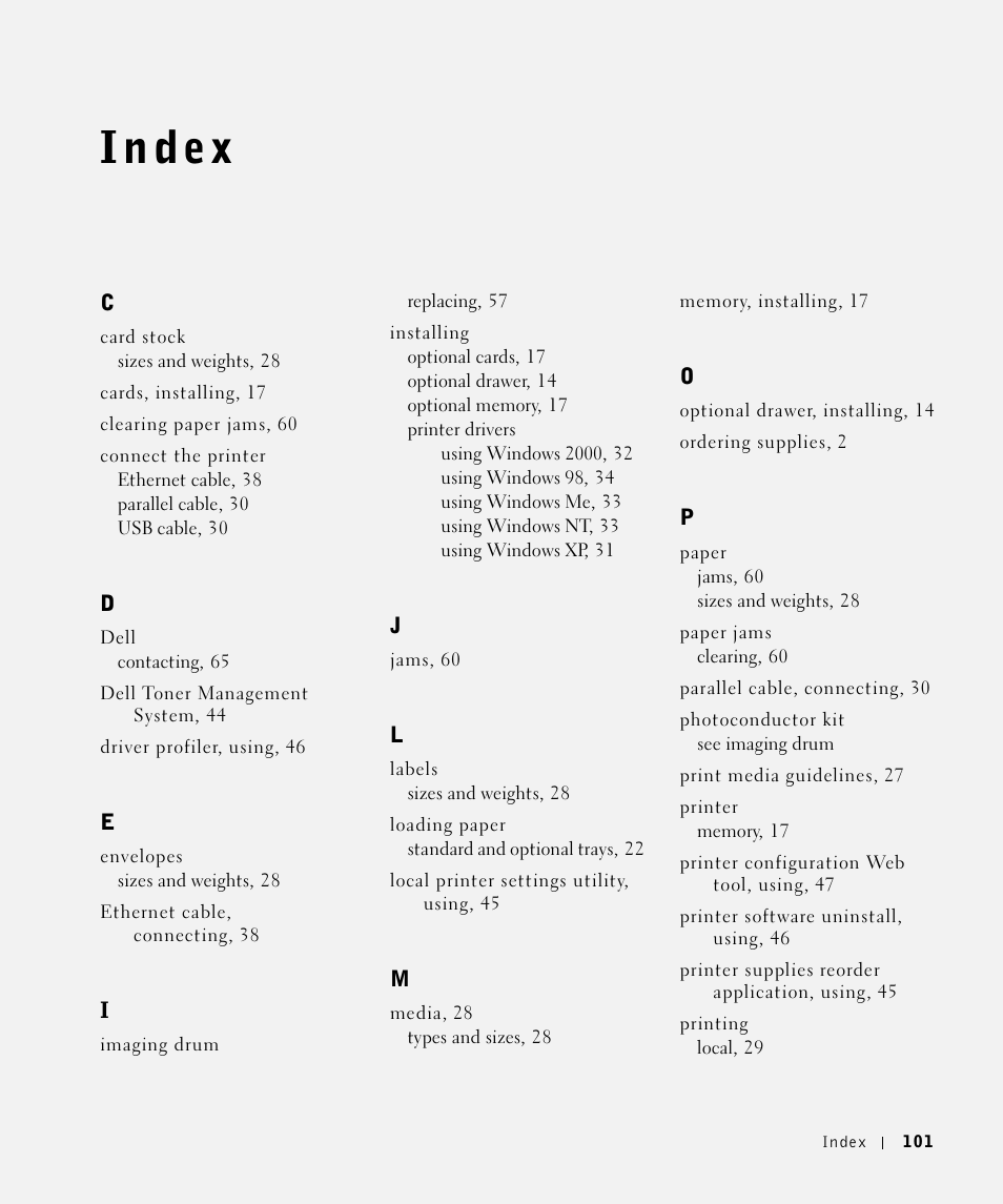 Index | Dell 1700/n Mono Laser Printer User Manual | Page 101 / 102