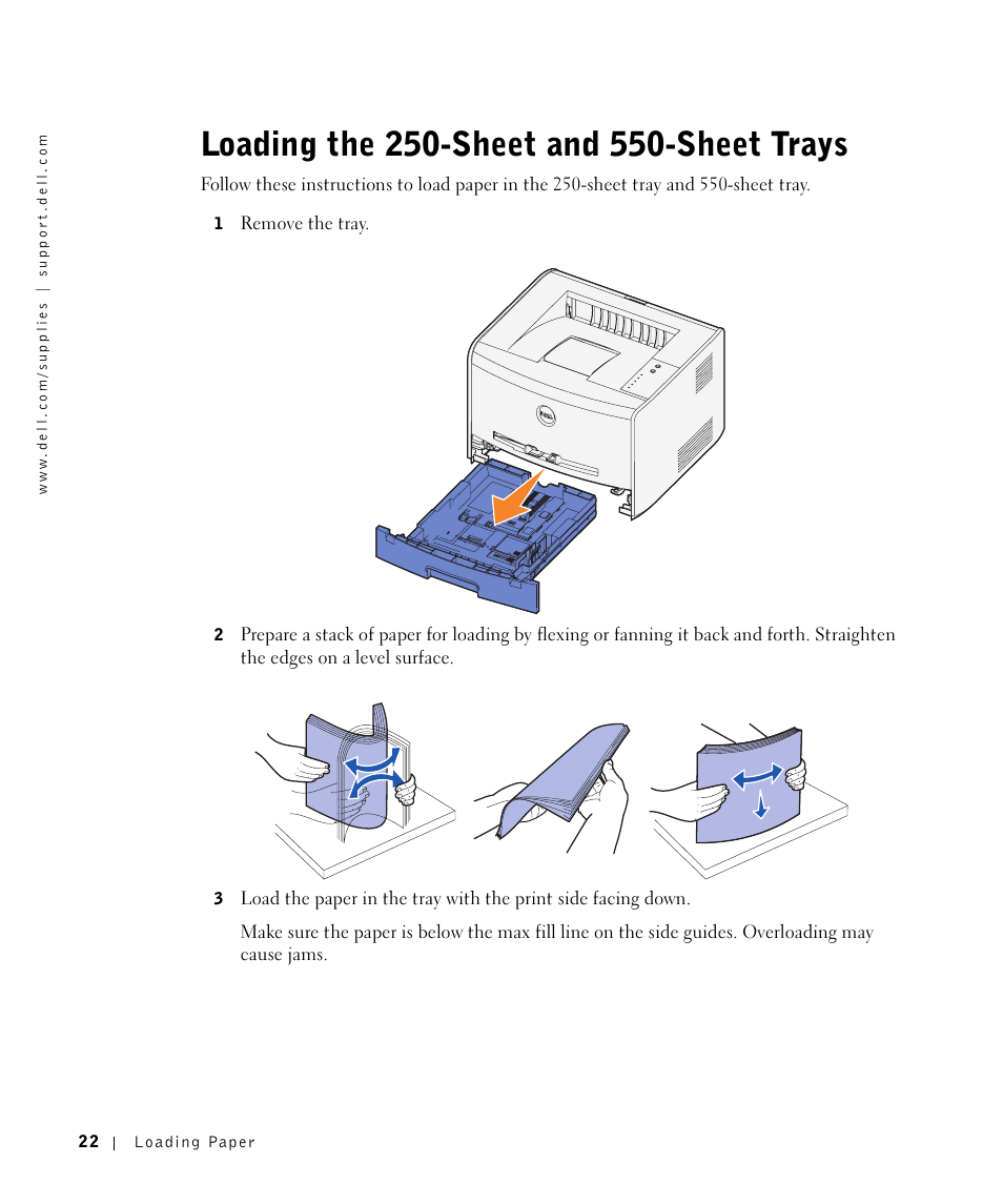 Loading the 250-sheet and 550-sheet trays | Dell 1700/n Mono Laser Printer User Manual | Page 22 / 102