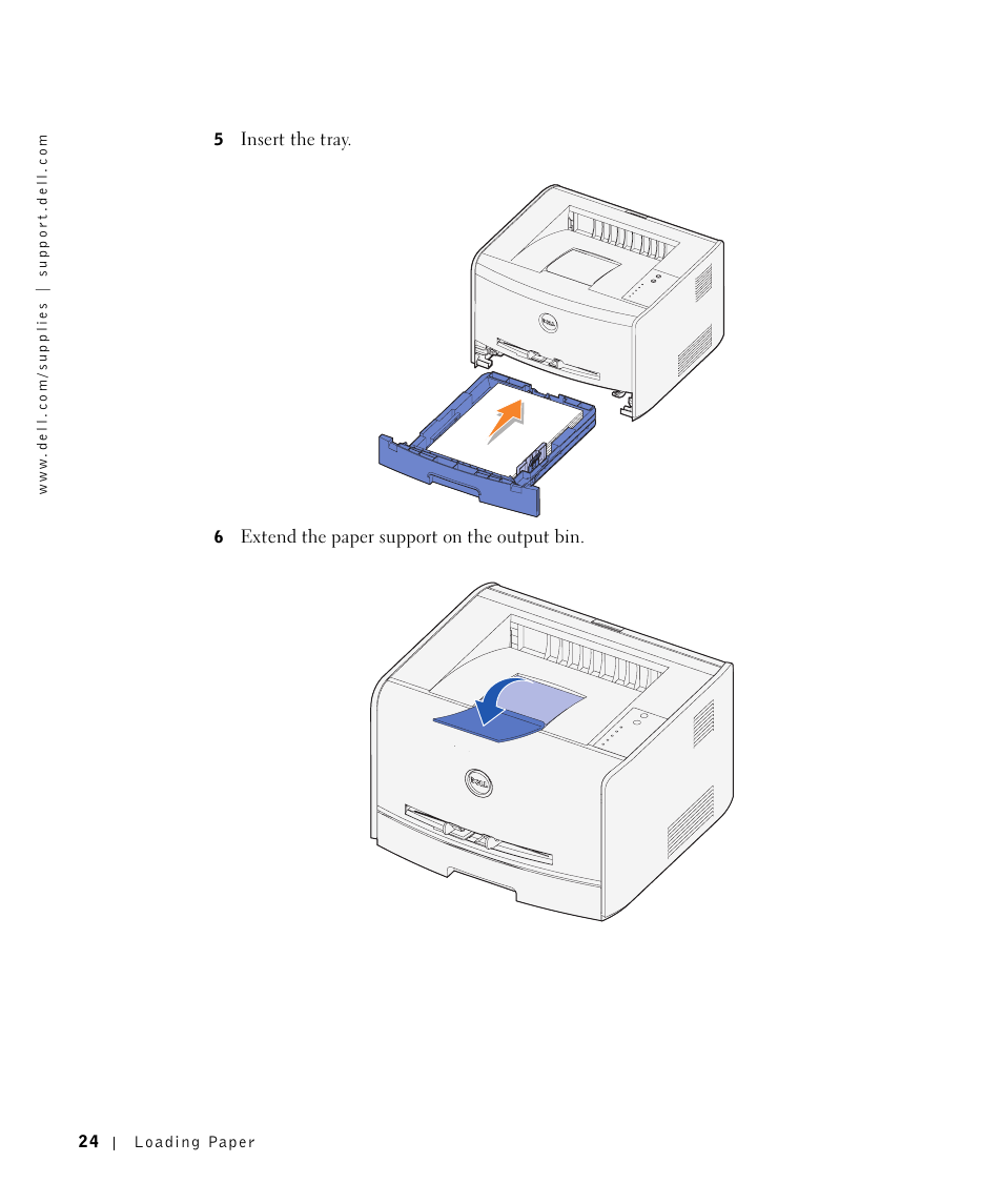 Insert the tray, Extend the paper support on the output bin | Dell 1700/n Mono Laser Printer User Manual | Page 24 / 102