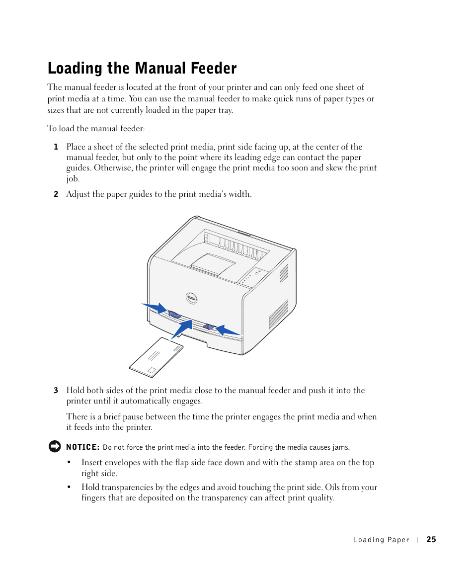 Loading the manual feeder | Dell 1700/n Mono Laser Printer User Manual | Page 25 / 102