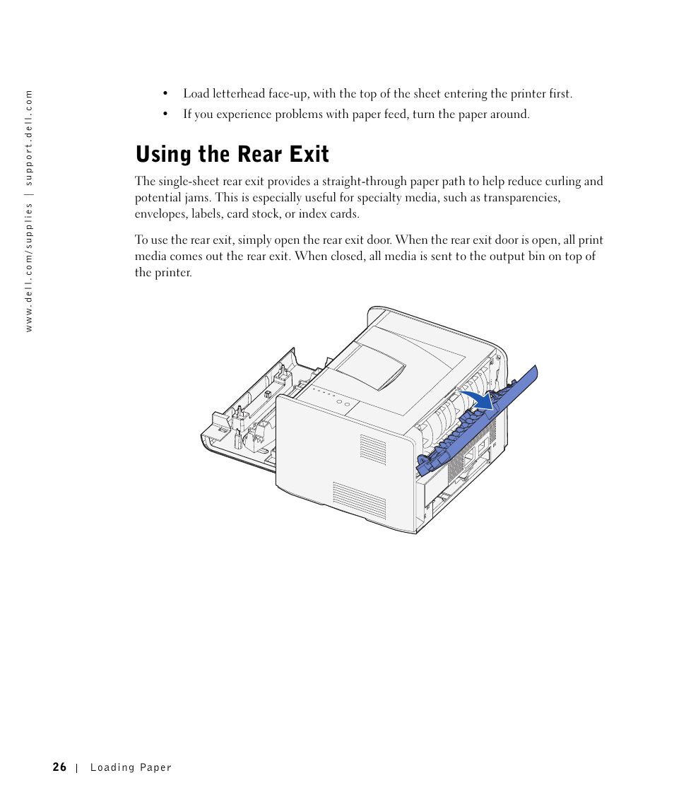 Using the rear exit | Dell 1700/n Mono Laser Printer User Manual | Page 26 / 102