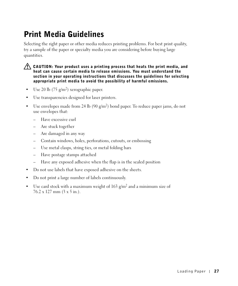 Print media guidelines | Dell 1700/n Mono Laser Printer User Manual | Page 27 / 102