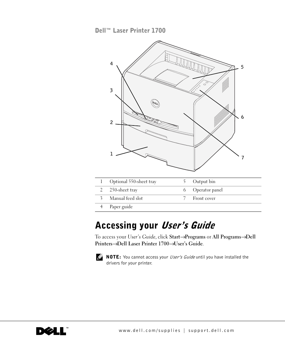 User’s guide, Accessing your, Dell™ laser printer 1700 | Dell 1700/n Mono Laser Printer User Manual | Page 3 / 102