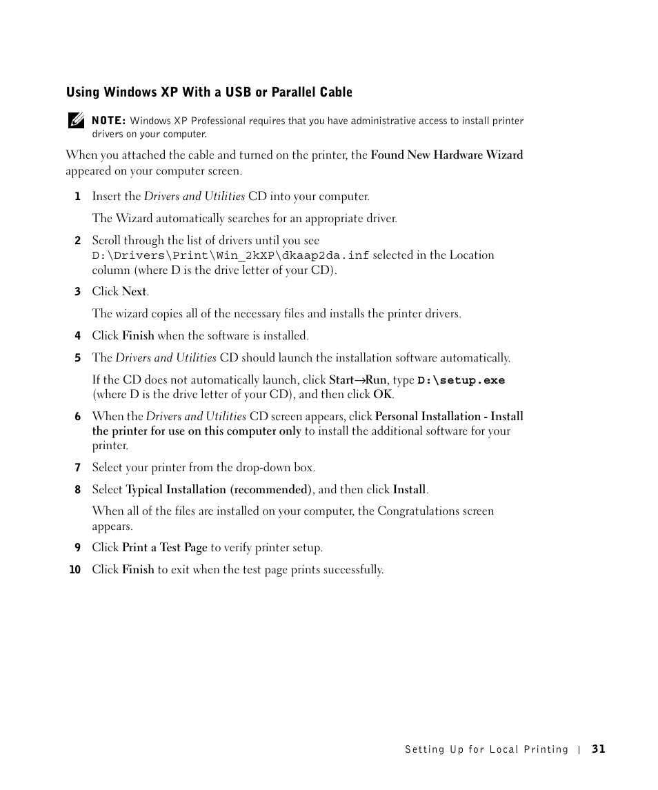 Using windows xp with a usb or parallel cable | Dell 1700/n Mono Laser Printer User Manual | Page 31 / 102
