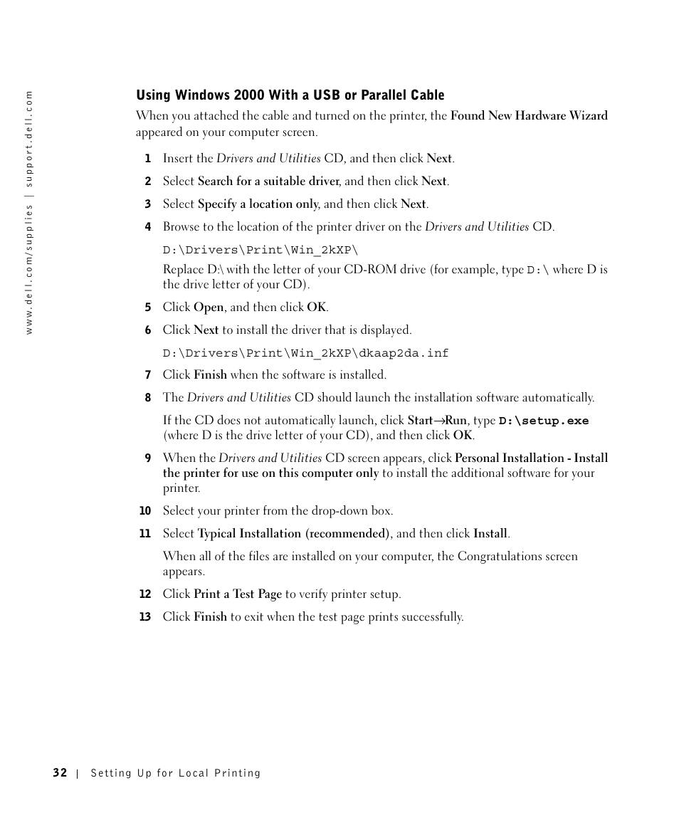 Using windows 2000 with a usb or parallel cable | Dell 1700/n Mono Laser Printer User Manual | Page 32 / 102