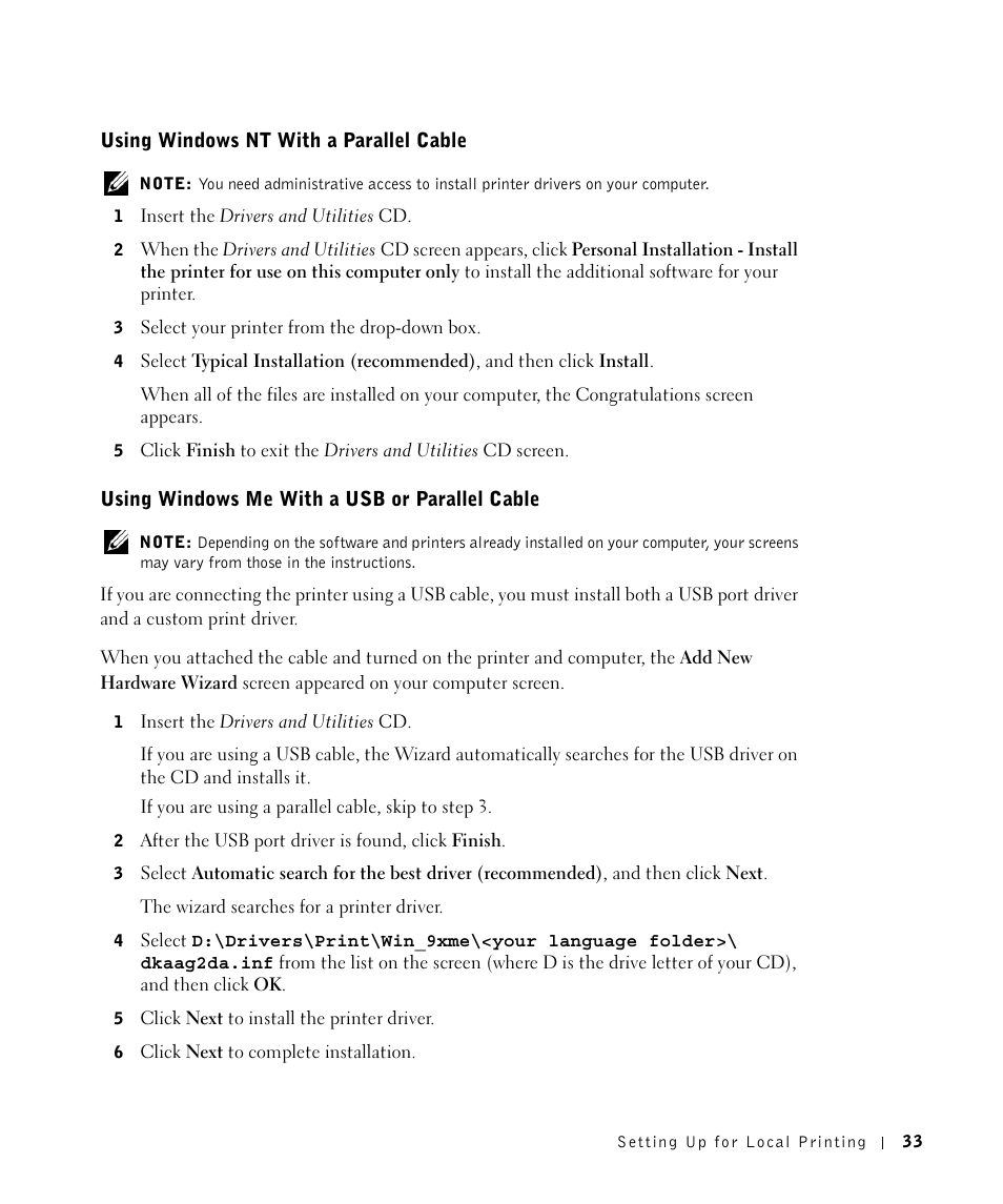 Using windows nt with a parallel cable, Using windows me with a usb or parallel cable | Dell 1700/n Mono Laser Printer User Manual | Page 33 / 102