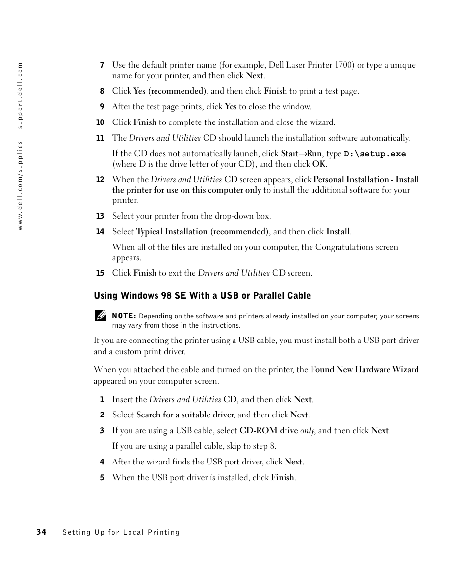 Using windows 98 se with a usb or parallel cable | Dell 1700/n Mono Laser Printer User Manual | Page 34 / 102