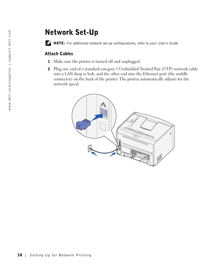 Network set-up, Attach cables | Dell 1700/n Mono Laser Printer User Manual | Page 38 / 102