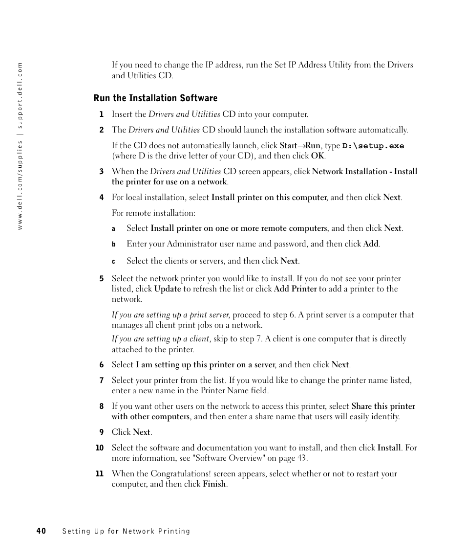 Run the installation software | Dell 1700/n Mono Laser Printer User Manual | Page 40 / 102