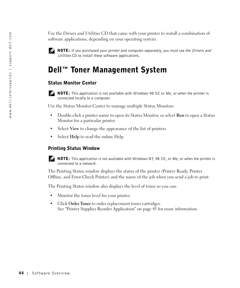 Dell™ toner management system, Status monitor center, Printing status window | Dell 1700/n Mono Laser Printer User Manual | Page 44 / 102
