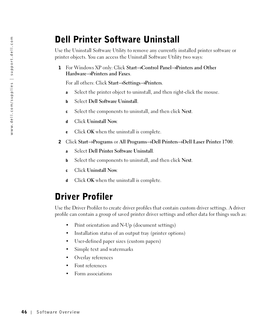 Dell printer software uninstall, Driver profiler | Dell 1700/n Mono Laser Printer User Manual | Page 46 / 102