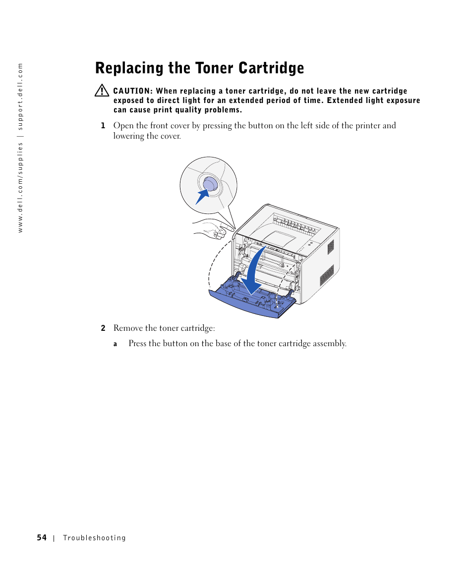Replacing the toner cartridge, Replacing the toner | Dell 1700/n Mono Laser Printer User Manual | Page 54 / 102