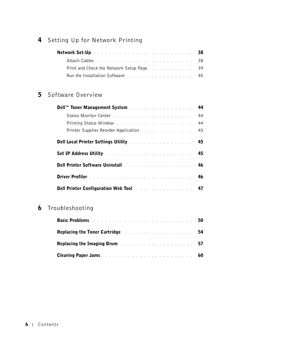 4setting up for network printing, 5sof tware overview, 6troubleshooting | Dell 1700/n Mono Laser Printer User Manual | Page 6 / 102