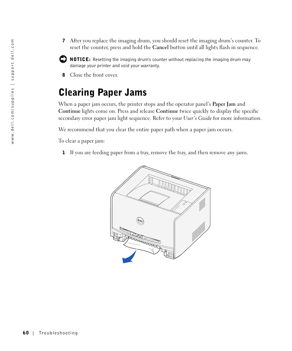 Clearing paper jams | Dell 1700/n Mono Laser Printer User Manual | Page 60 / 102