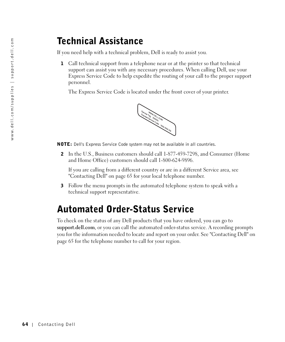 Technical assistance, Automated order-status service | Dell 1700/n Mono Laser Printer User Manual | Page 64 / 102