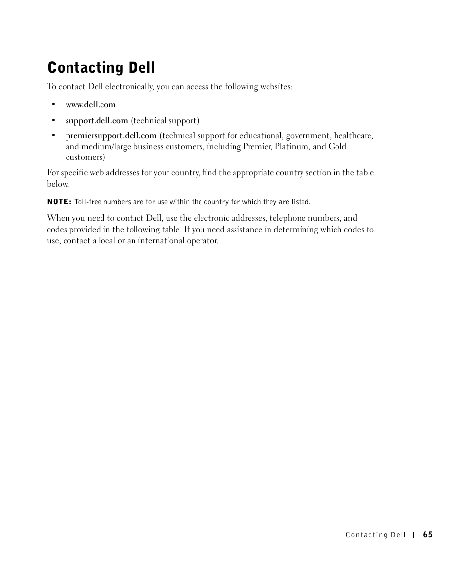 Contacting dell | Dell 1700/n Mono Laser Printer User Manual | Page 65 / 102