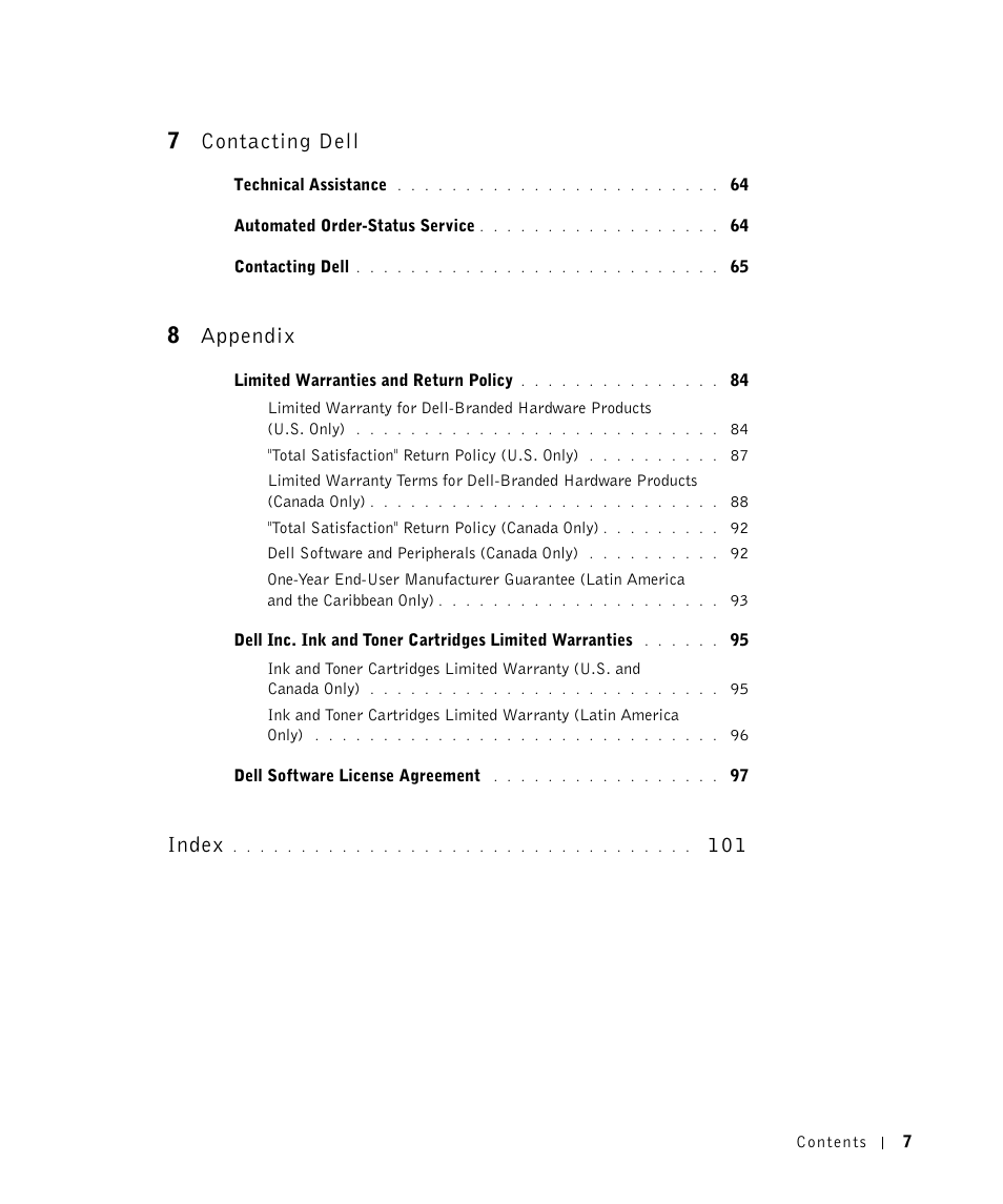 7contacting dell, 8appendix, Index | Dell 1700/n Mono Laser Printer User Manual | Page 7 / 102