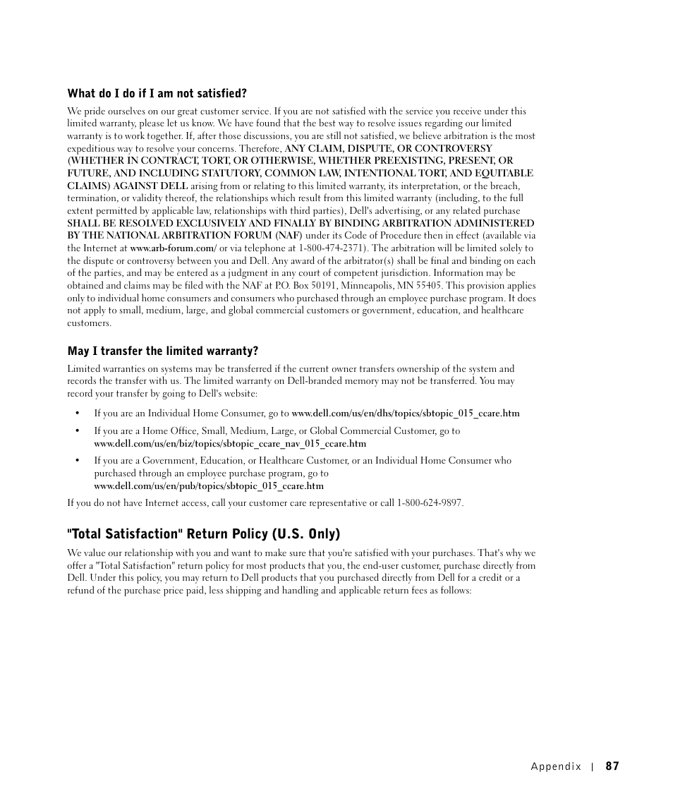 Total satisfaction" return policy (u.s. only) | Dell 1700/n Mono Laser Printer User Manual | Page 87 / 102