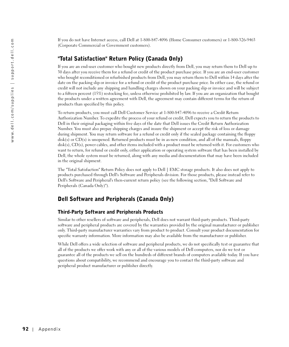 Total satisfaction" return policy (canada only), Dell software and peripherals (canada only) | Dell 1700/n Mono Laser Printer User Manual | Page 92 / 102