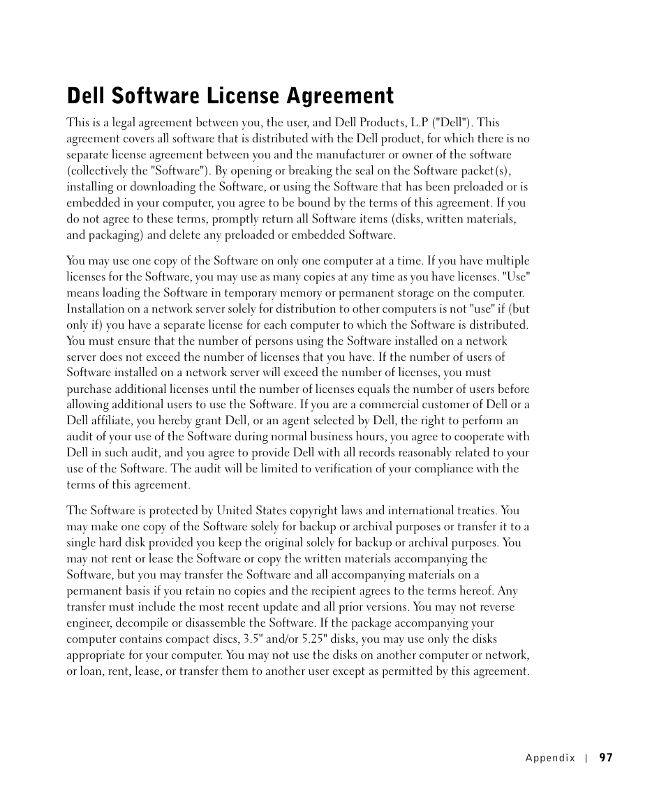 Dell software license agreement | Dell 1700/n Mono Laser Printer User Manual | Page 97 / 102