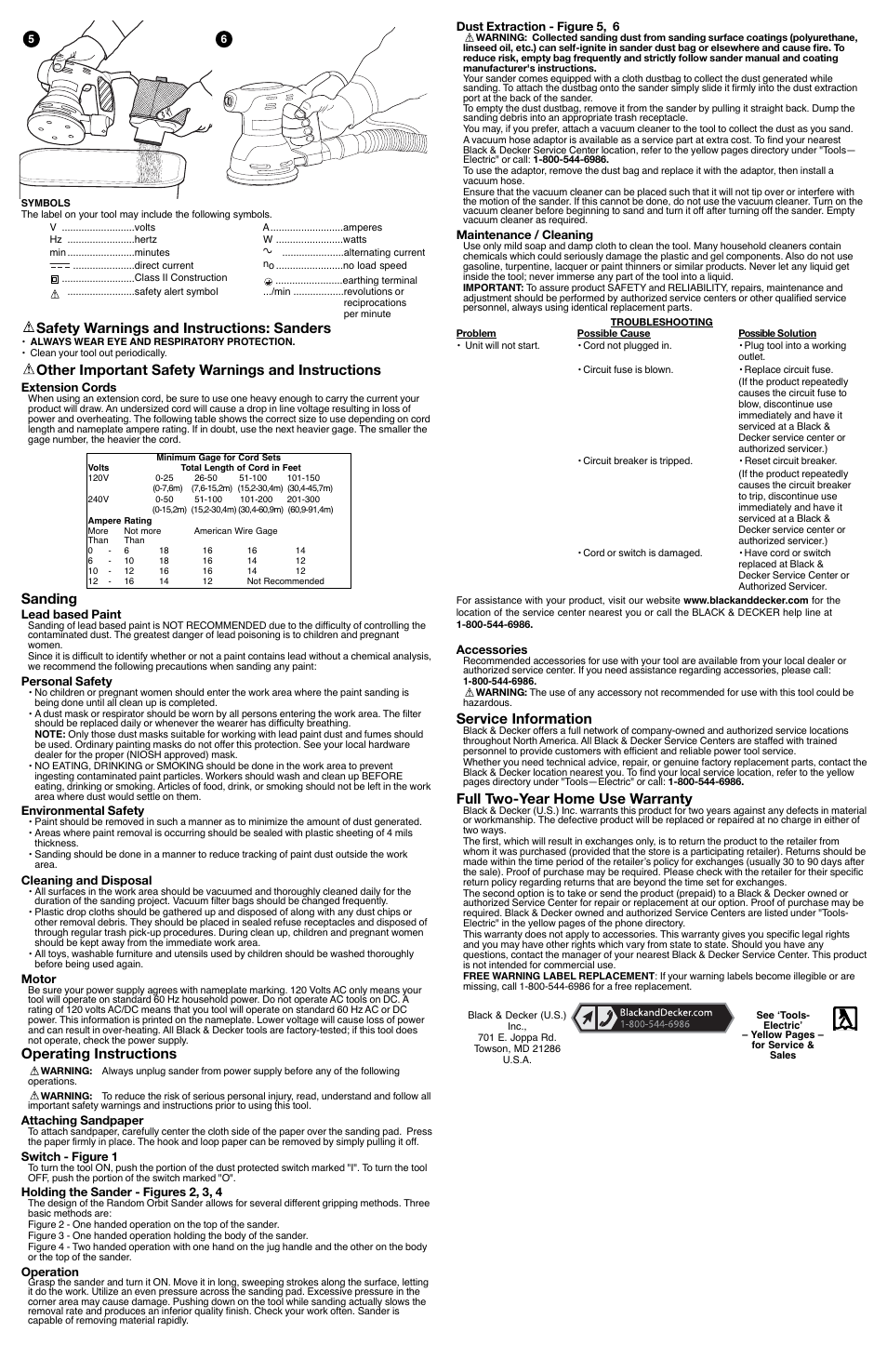 Service information, Full two-year home use warranty, Safety warnings and instructions: sanders | Other important safety warnings and instructions, Sanding, Operating instructions | Black & Decker RO410 User Manual | Page 2 / 6