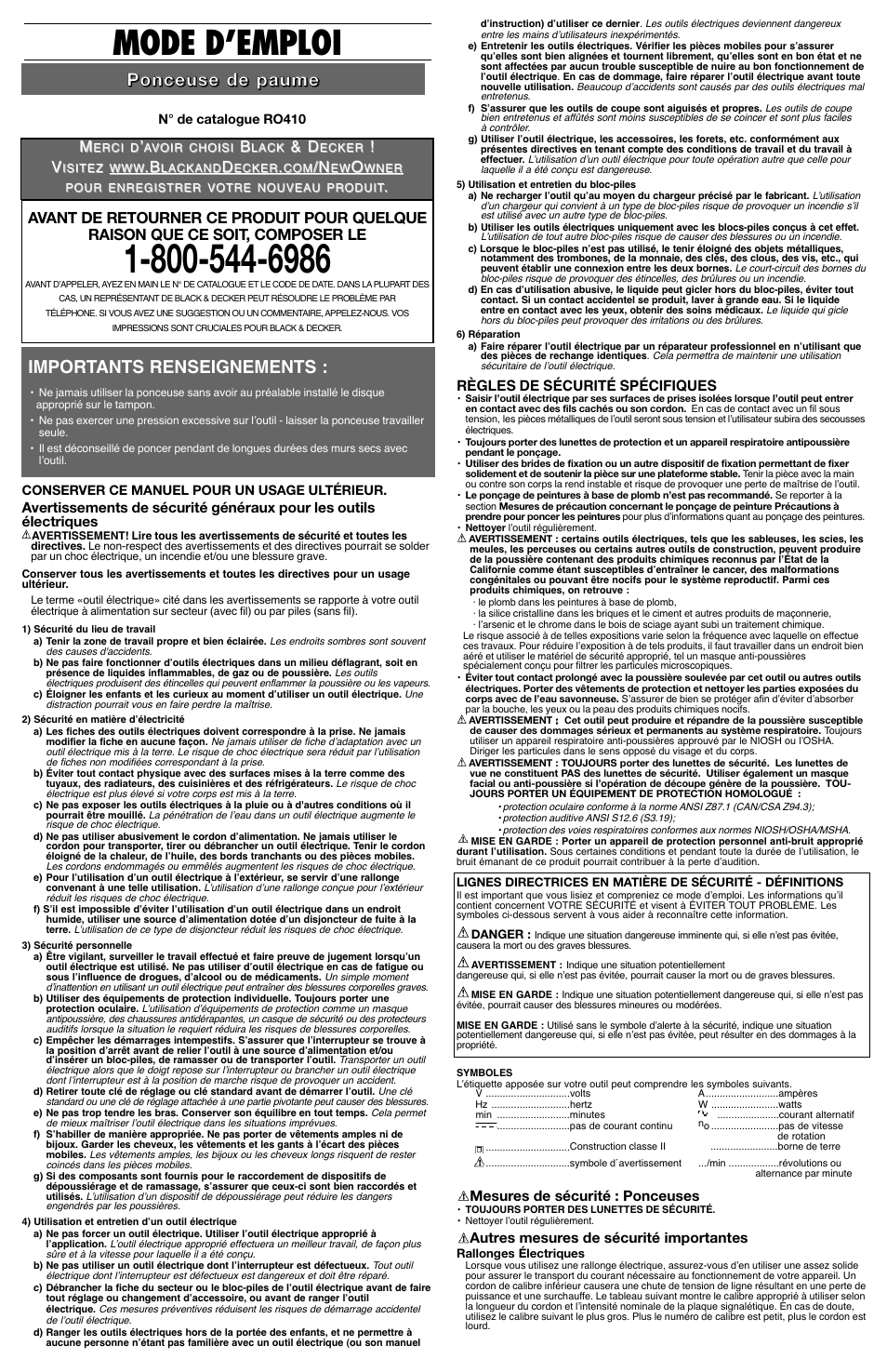 Mode d’emploi, Importants renseignements | Black & Decker RO410 User Manual | Page 3 / 6