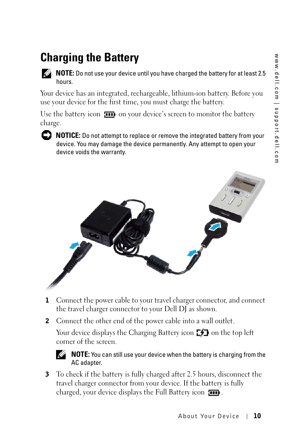 Charging the battery | Dell DJ 2 User Manual | Page 10 / 55