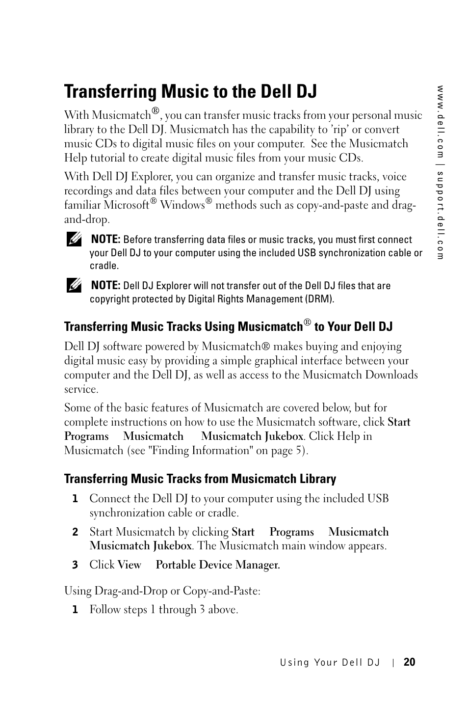 Transferring music to the dell dj, Transferring music tracks from musicmatch library, Transferring music tracks using musicmatch | Dell DJ 2 User Manual | Page 20 / 55