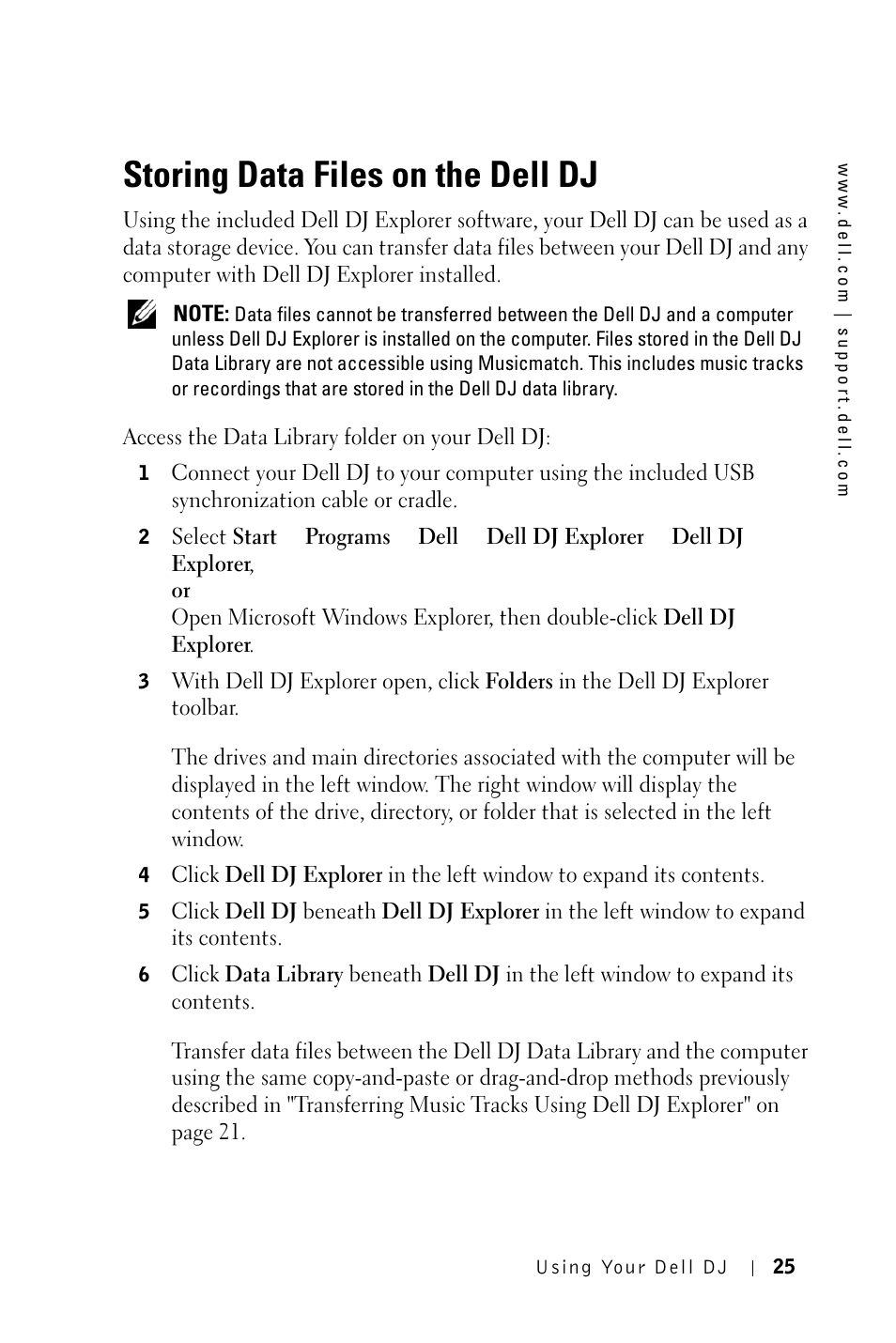 Storing data files on the dell dj | Dell DJ 2 User Manual | Page 25 / 55