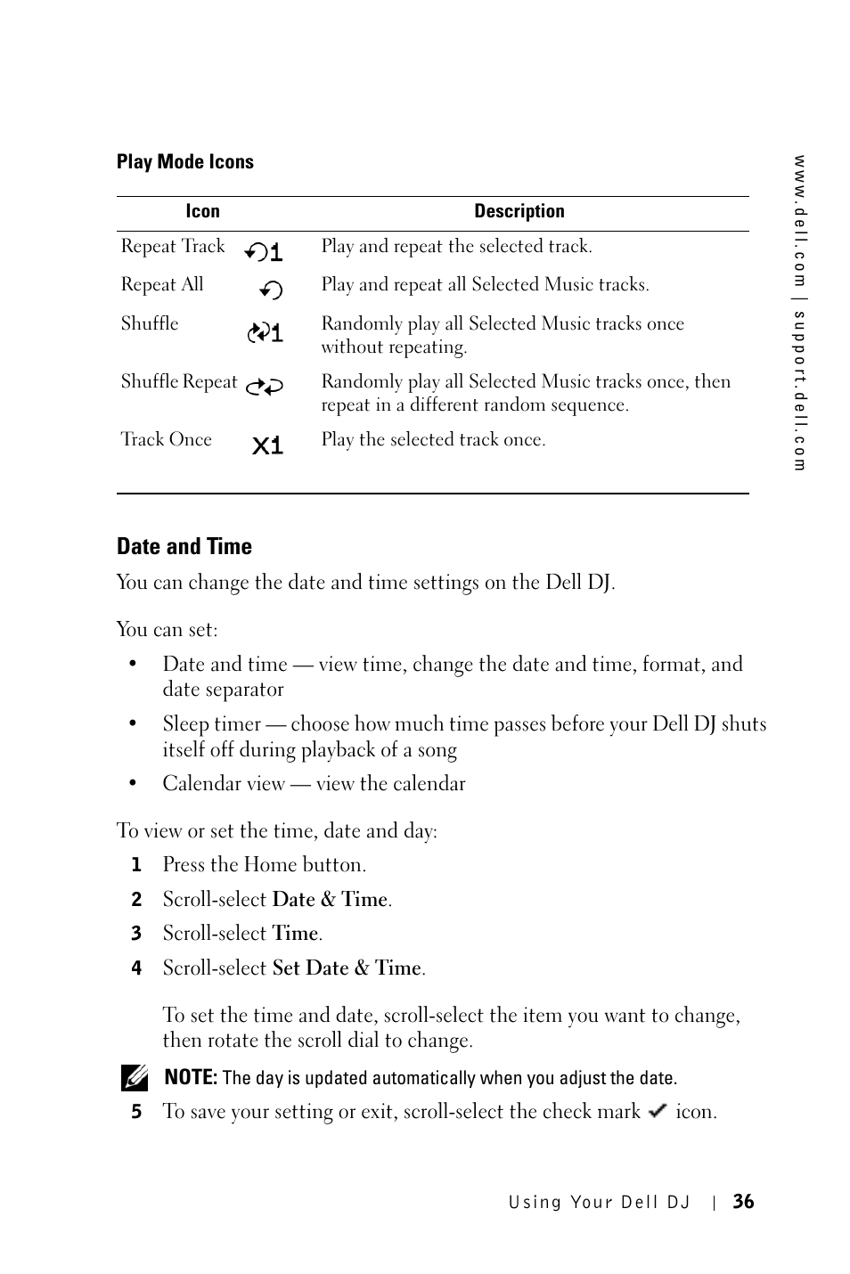 Date and time | Dell DJ 2 User Manual | Page 36 / 55