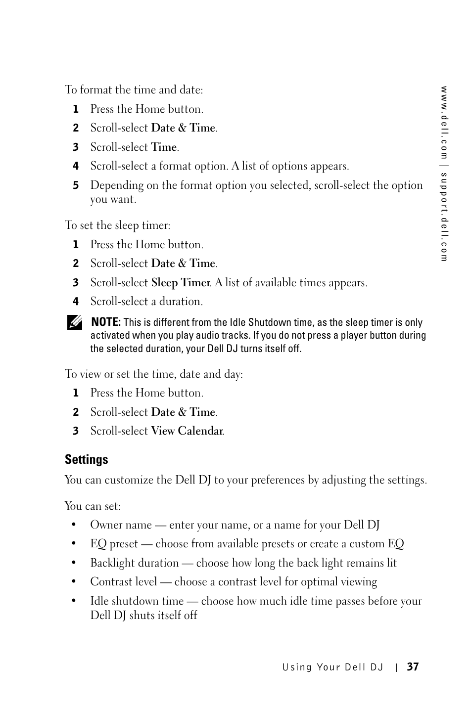 Settings | Dell DJ 2 User Manual | Page 37 / 55