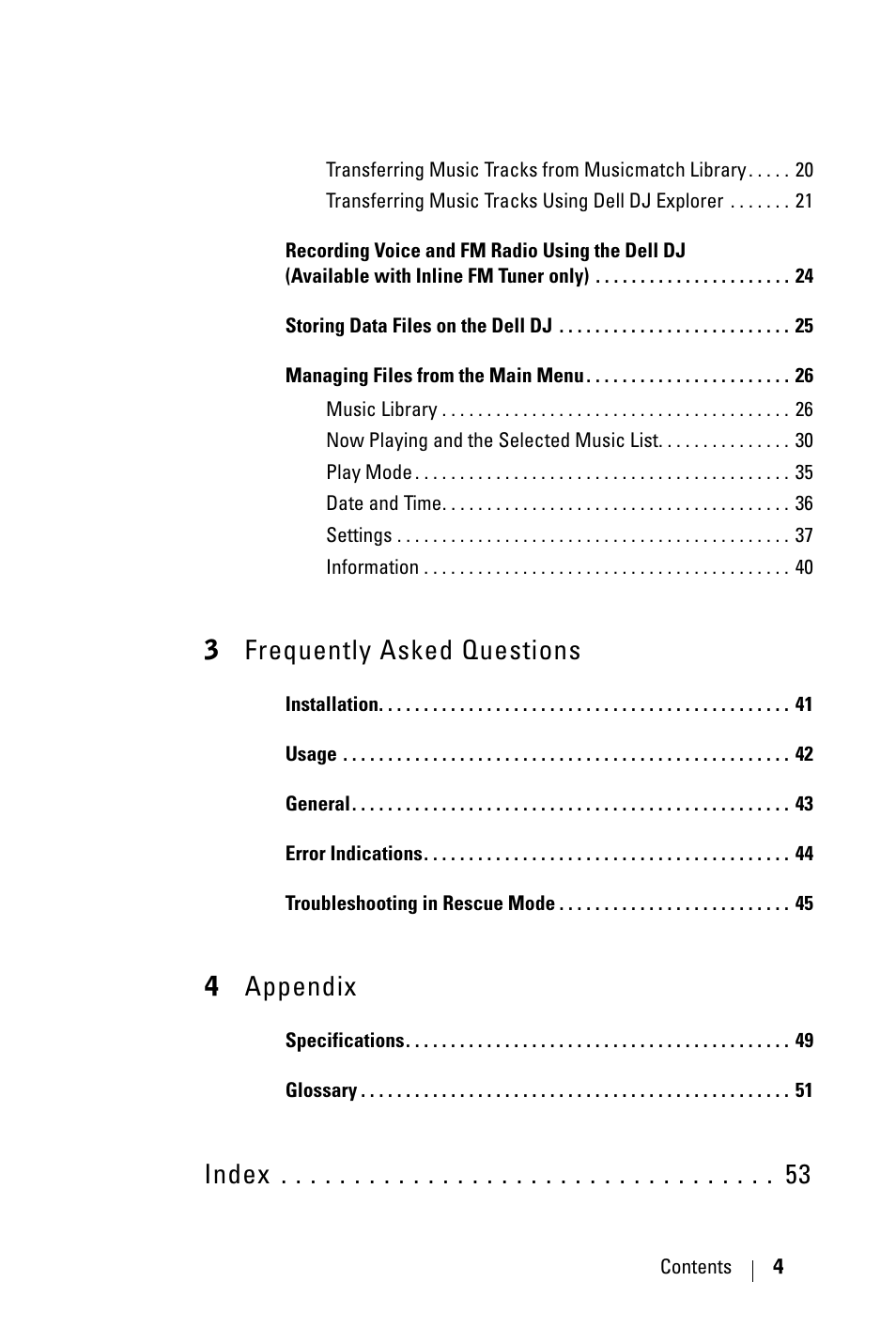 3frequently asked questions, 4appendix, Index | Dell DJ 2 User Manual | Page 4 / 55