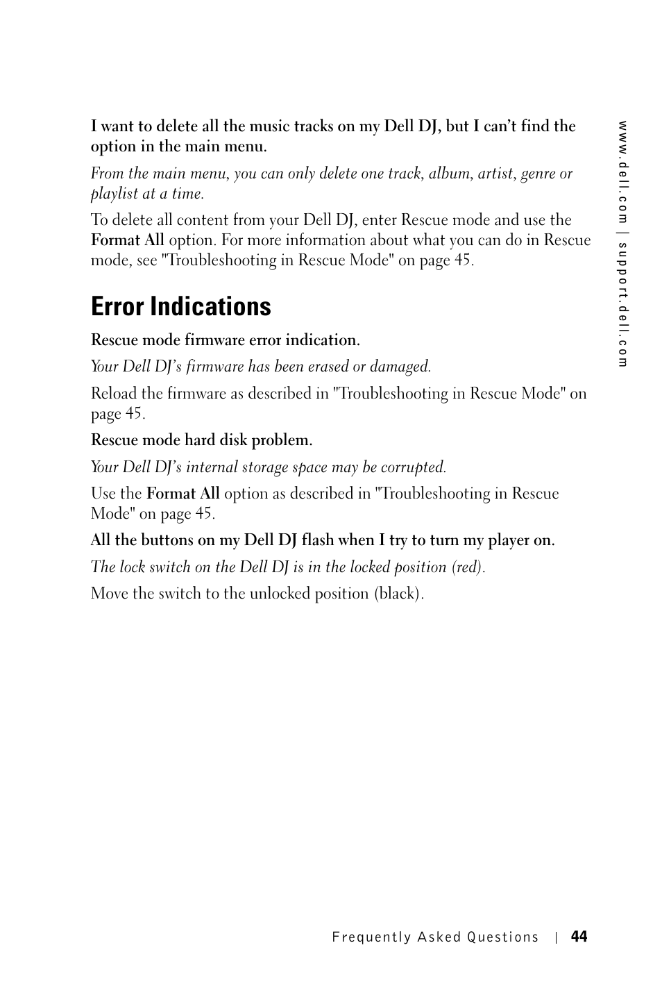 Error indications | Dell DJ 2 User Manual | Page 44 / 55