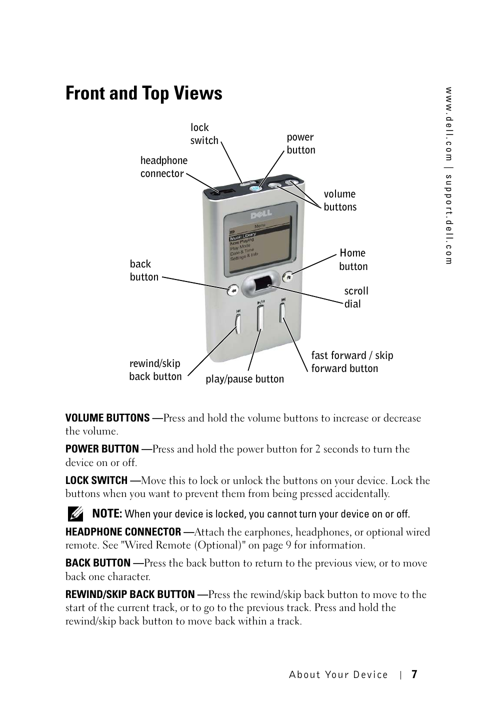 Front and top views | Dell DJ 2 User Manual | Page 7 / 55
