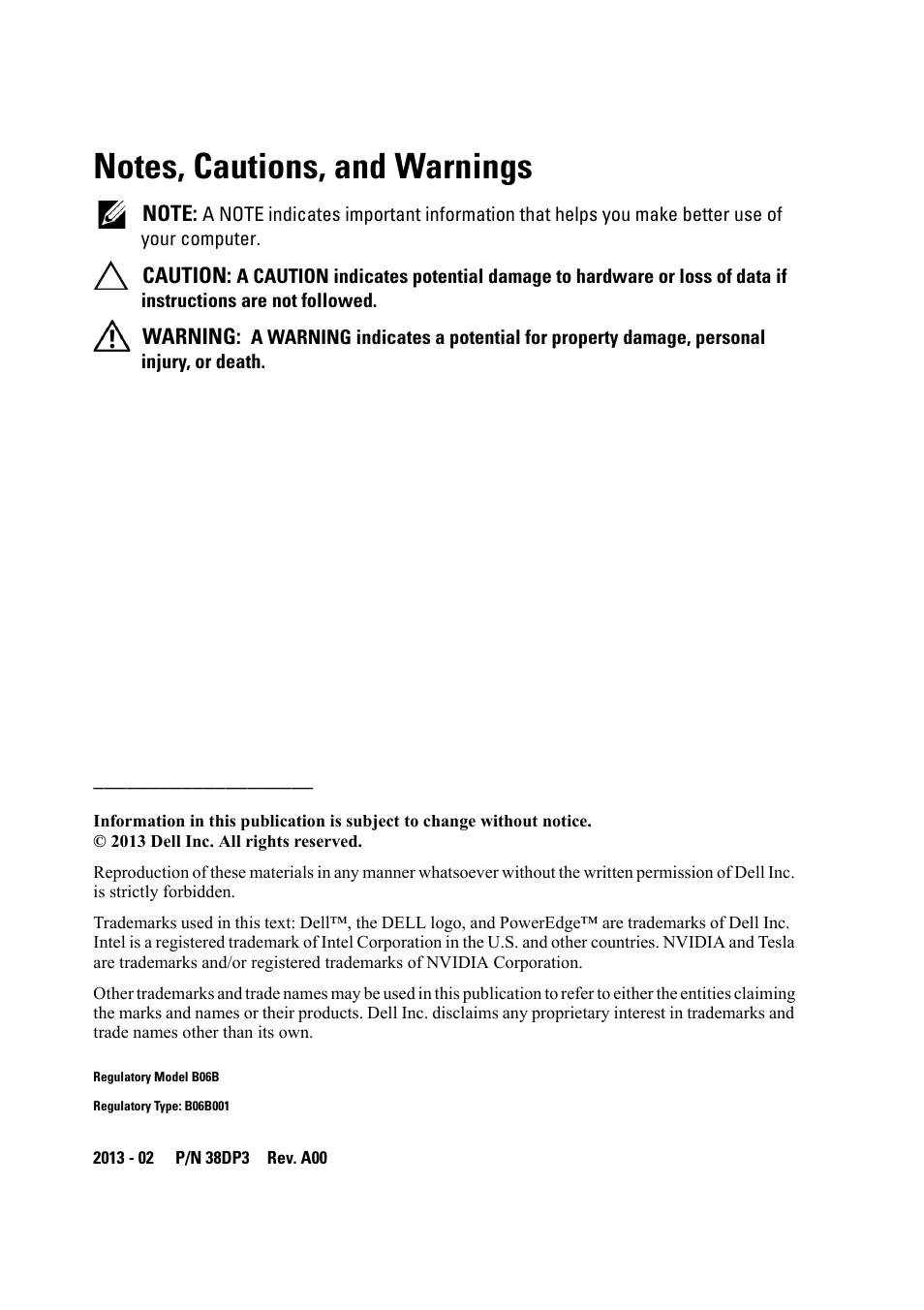 Notes, cautions, and warnings | Dell PowerEdge C8000 User Manual | Page 2 / 16
