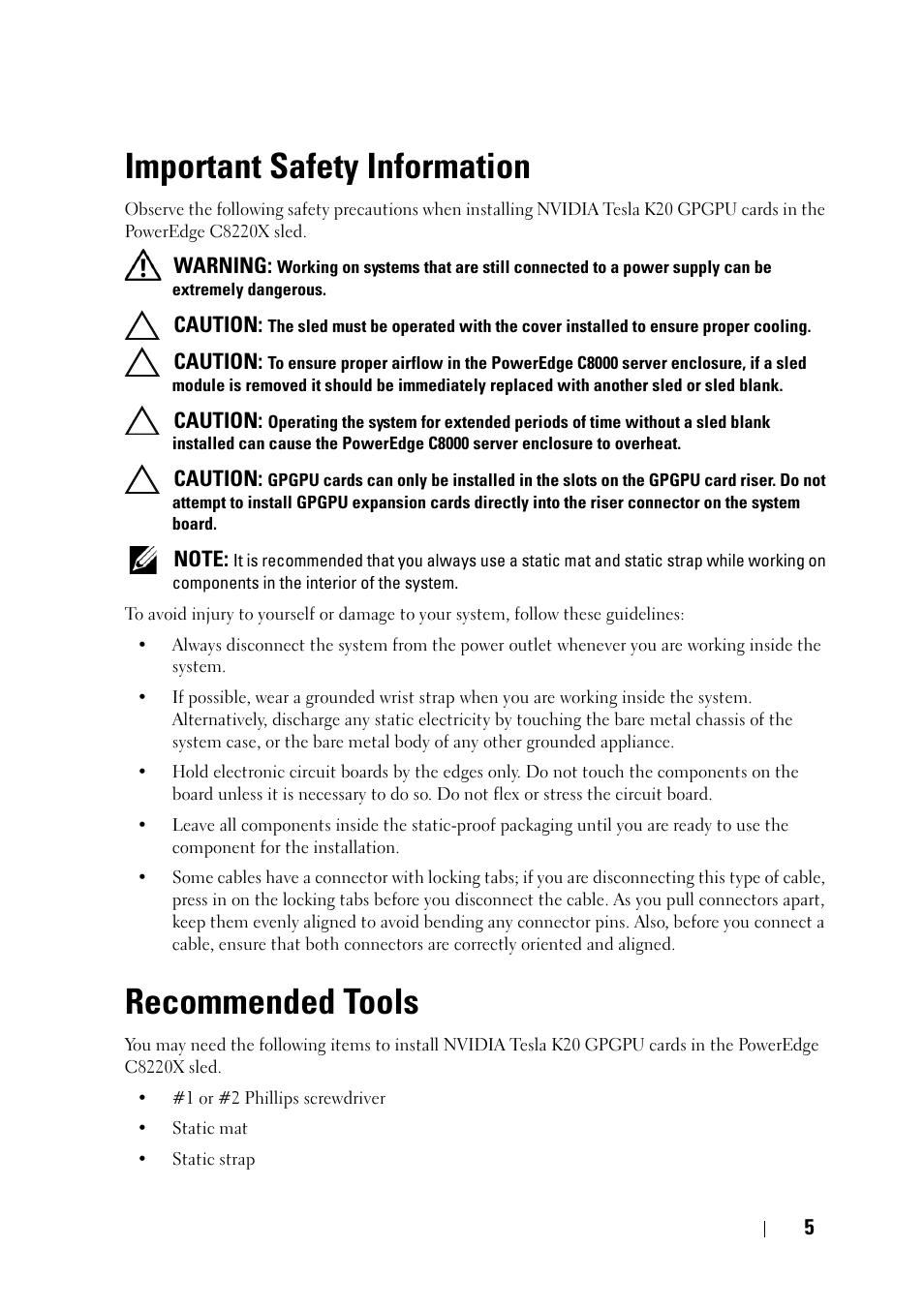 Important safety information, Recommended tools | Dell PowerEdge C8000 User Manual | Page 5 / 16