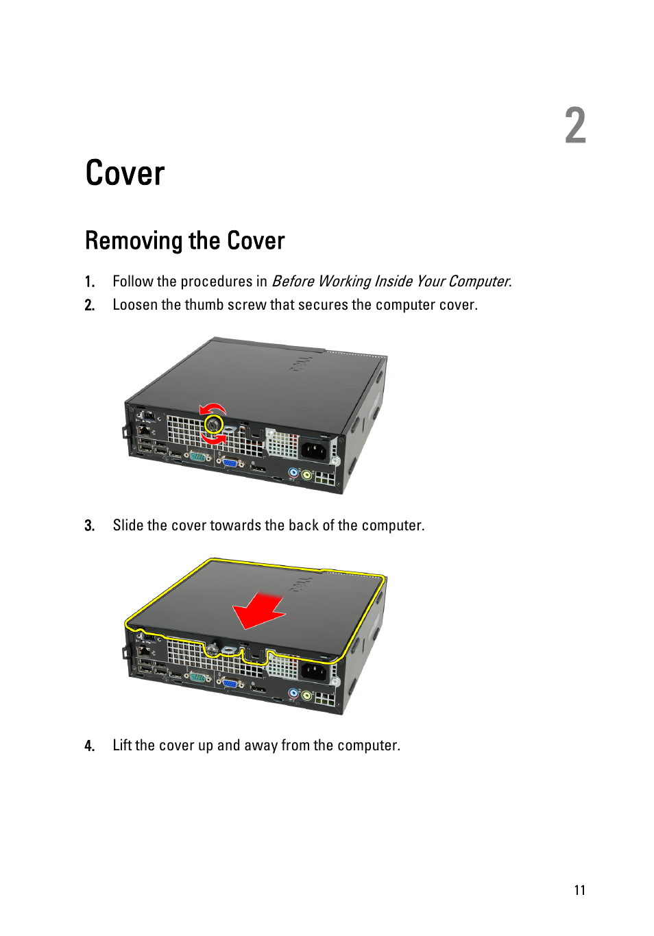 Cover, Removing the cover, 2 cover | Dell OptiPlex 790 (Early 2011) User Manual | Page 11 / 95