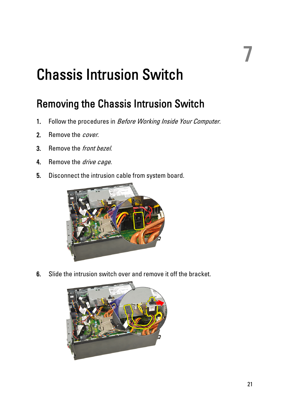 Chassis intrusion switch, Removing the chassis intrusion switch, 7 chassis intrusion switch | Dell OptiPlex 790 (Early 2011) User Manual | Page 21 / 95