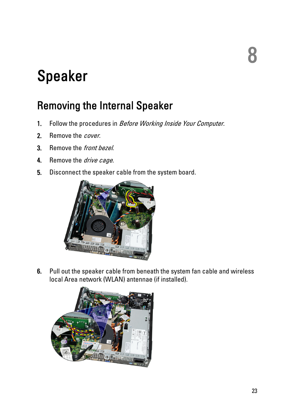 Speaker, Removing the internal speaker, 8 speaker | Dell OptiPlex 790 (Early 2011) User Manual | Page 23 / 95
