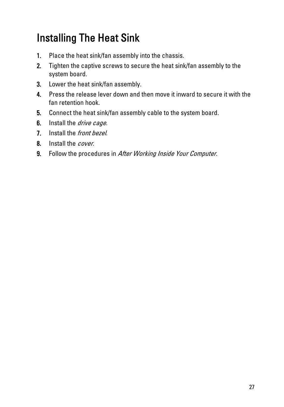 Installing the heat sink | Dell OptiPlex 790 (Early 2011) User Manual | Page 27 / 95