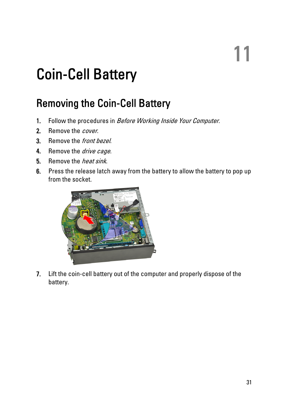 Coin-cell battery, Removing the coin-cell battery, 11 coin-cell battery | Dell OptiPlex 790 (Early 2011) User Manual | Page 31 / 95